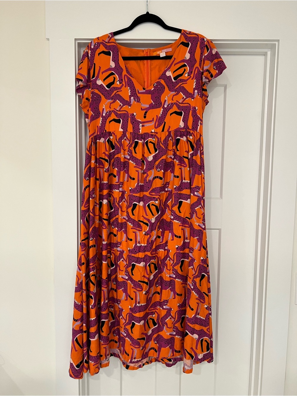 Bright Orange Midi Dress with Purple Print